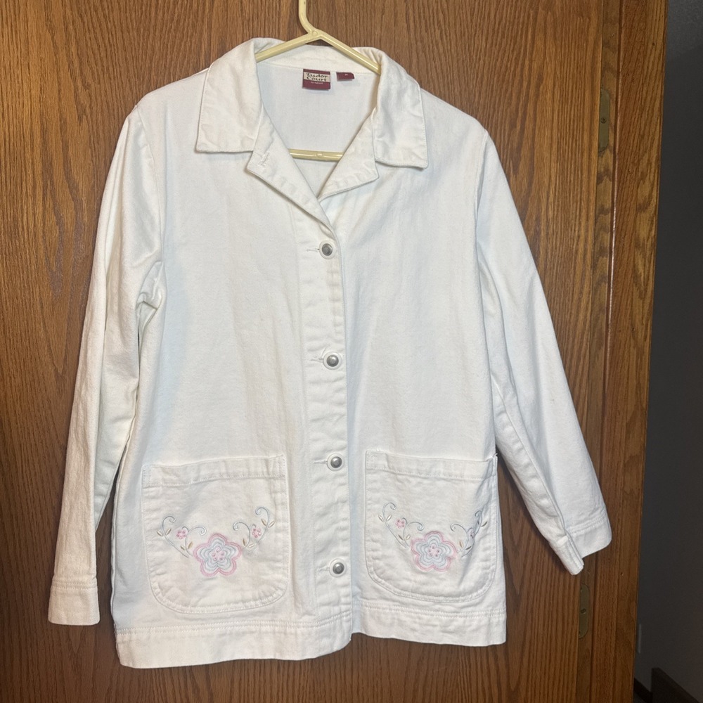 Tudor Court by Haband White Cotton Denim Embroidered Button‑Front Jacket, Size M